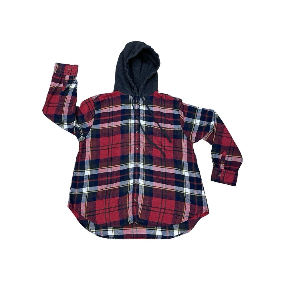 AMERICAN EAGLE Women's Red/Black Plaid Hoodie Button Down Flannel Top Sz Medium
